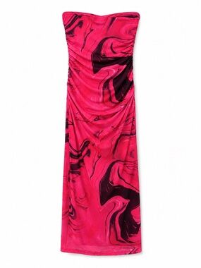 Strapless Pink Marble-Print Maxi Dress Ruched fitted Small